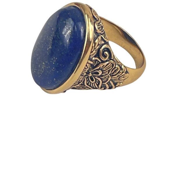 Barse Handcrafted Blue Lapis Gold-Tone Oval Ring With Floral Detailing Size 8 - Picture 4 of 9